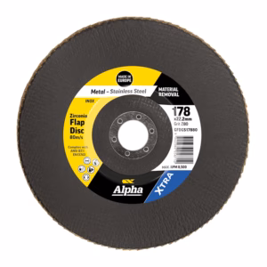 A Zirconia flap disc for metal grinding, 178 x 22.2 mm, with yellow, black, and blue label reading Alpha XTRA.