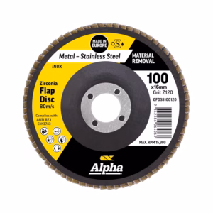 Flap disc for metal grinding: 100x16mm zirconia disc (Grit Z120) with mounting hole, Alpha brand, for material removal (max RPM 15,300).
