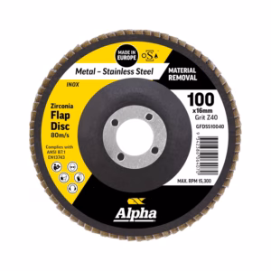 Zirconia flap disc for metal and stainless steel, 100 x 16 mm, 80 m/s, Alpha brand