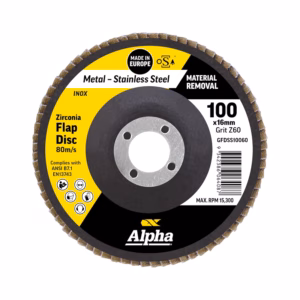 Zirconia flap disc for metal removal, 100x16mm, Alpha brand, yellow/black label.