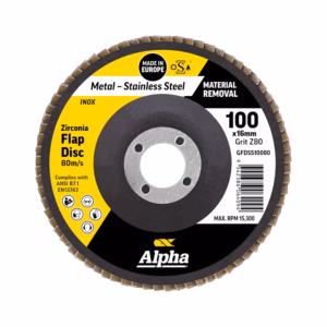 Alpha Zirconia flap disc for metal removal, 100x16 mm, grit Z80, center mounting hole visible on the label.
