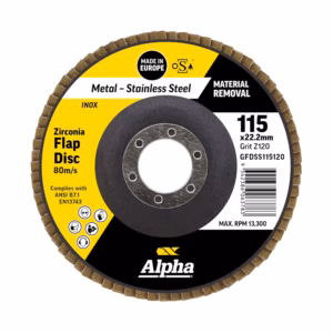 Alpha Zirconia flap disc for metal removal; 115 x 22.2 mm, max RPM 13,300, central mounting hole