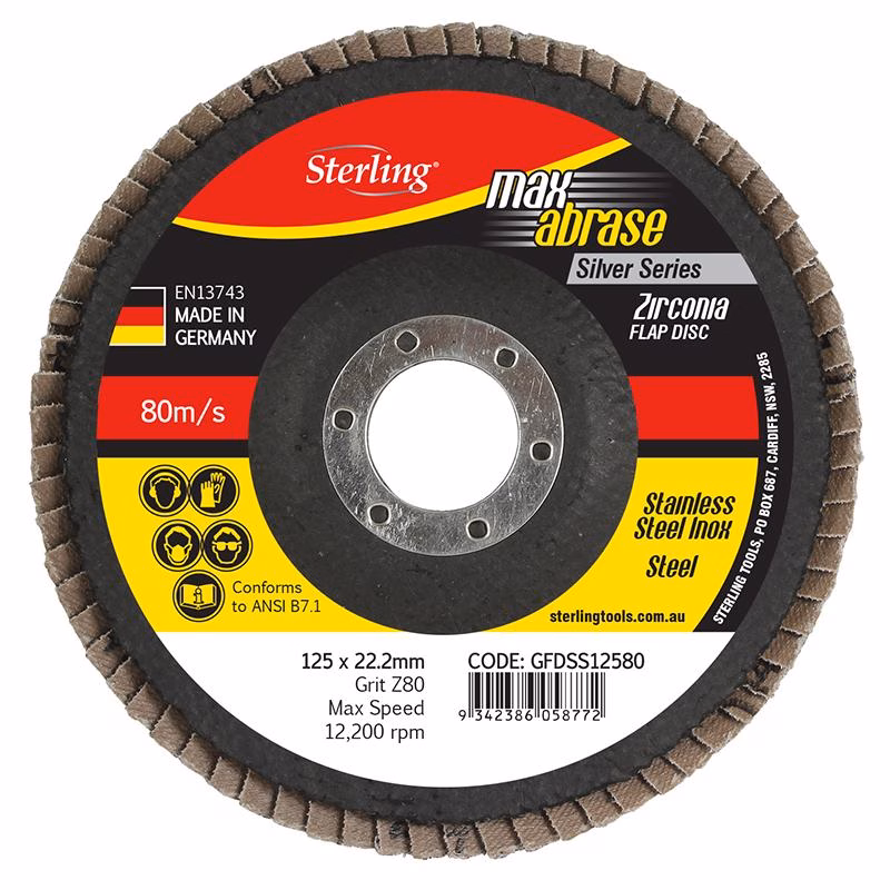 GFDSS11540_4 - Alpha Tools Flap abrasive disc for metal grinding, labeled Sterling Max Abrase Zirconia, 125 x 22.2 mm, stainless steel inox, 80 m/s, center mounting holes visible.