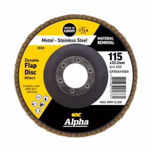 Zirconia flap disc for metal grinding, 115×22.2 mm, 80 m/s, Alpha brand (Made in Europe)