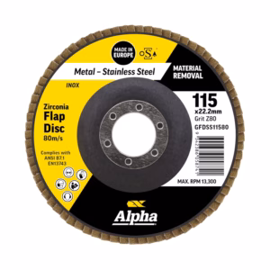 Zirconia flap disc for metal grinding, 115x22.2 mm, Alpha brand (Made in Europe) for stainless steel materials removal 80 m/s.