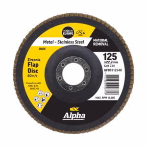 Flap disc for metal grinding, labeled 125x22.2mm, Alpha brand, zirconia flap disc for stainless steel removal of material (INOX)