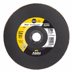 Zirconia flap disc for metal/steel removal, 178×22.2 mm, Alpha brand with material removal labeling and max RPM 8,500