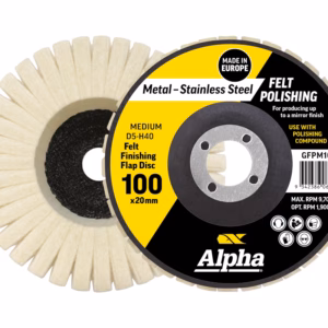 Alpha metal-stainless steel felt polishing flap disc, 100 x 20 mm, center hole; Made in Europe (for finishing).
