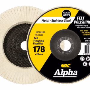 Flap disc with yellow–black label: 178 x 20 mm, medium grit Felt Finishing Flap Disc by Alpha for metal finishing used with polishing compounds