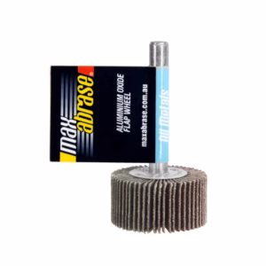 Aluminum-oxide flap wheel mounted on a metal shank for grinding metal surfaces, with a blue packaging label attached at the top.