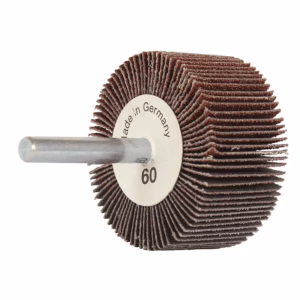 Flap wheel sanding accessory mounted on a metal mandrel, 60 grit, used for surface finishing.