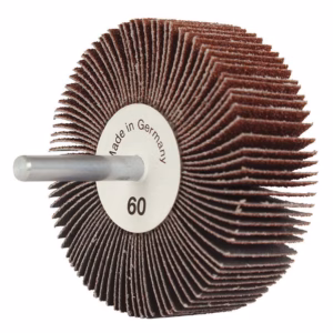 60-grit flap wheel mounted on a metal arbor for sanding and finishing surfaces (Made in Germany)