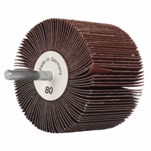 Flap wheel sanding accessory with burgundy abrasive flaps, 80 grit, mounted on a metal shank