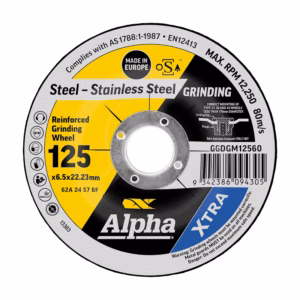Circular grinding wheel for steel, yellow/black label showing 'Steel – Stainless Steel' and 125 size (125 x 6.5 x 22.23 mm).
