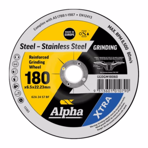 Grinding wheel label: Steel-Stainless Steel reinforced grinding wheel, 180 x 6.5 x 22.23 mm, Alpha XTRA perpendicular branding, warning icons around edge