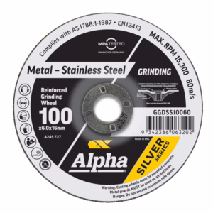 Grinding wheel label for Alpha Silver Series, metal–stainless steel, reinforced grinding wheel 100 x 6.0 x 16 mm with safety icons and barcode.