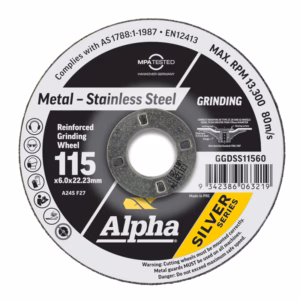 Reinforced grinding wheel for metal (stainless steel), 115 mm diameter, 6.0 mm thick, 22.23 mm bore, Alpha Silver Series.