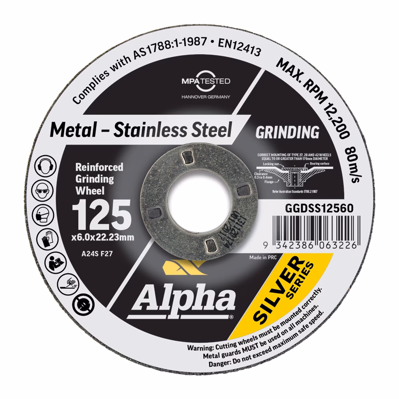 GGDSS12560 - Alpha Tools Grinding wheel for metalworking: Alpha Silver Series, 125 mm diameter, 6.0 x 22.23 mm bore, max 12,200 RPM, reinforced grinding wheel with stainless steel branding.