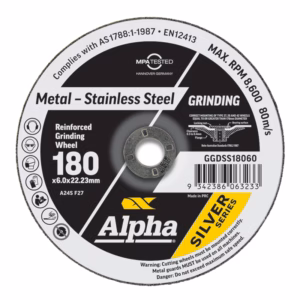 Grinding wheel label for Alpha Silver Series: 180 mm reinforced grinding wheel with stainless steel, 80 m/s max, mounting hardware details and barcode on a black/gray design.
