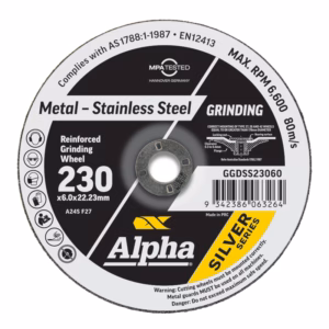 Label on a metal-stainless steel reinforced grinding wheel, size 230x6.0x22.23 mm, Alpha Silver Series.