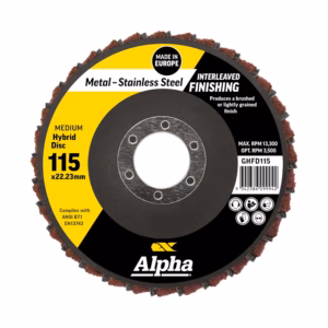 Circular abrasive grinding disc for metal finishing (115 x 22.23 mm), Alpha brand, yellow/black label.