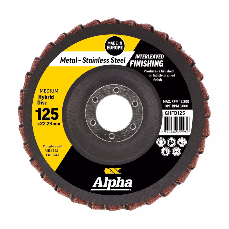 GHFD125_2 - Alpha Tools Alpha 125mm interleaved finishing disc for metal/stainless steel, hybrid, with center hole pattern and barcode