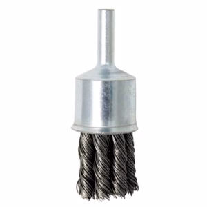 Rotary tool wire end brush with twisted metal bristles for deburring and cleaning metal surfaces