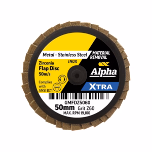 Zirconia flap disc for metal removal, 50mm size, grit Z60, Alpha XTRA brand (INOX)