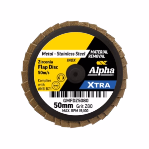 Zirconia flap disc for metal and stainless steel removal, 50 mm, grit 780 (Alpha XTRA).