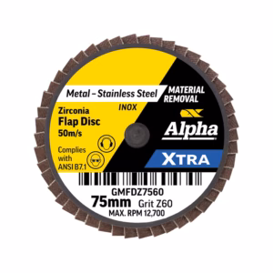 Round 75mm zirconia flap disc for metal (stainless steel) grinding; shows Alpha XTRA branding and 12,700 RPM max.