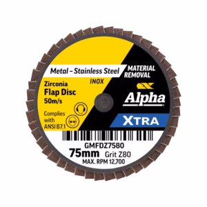 Metal flap disc for angle grinders: 75mm, grit Z80, Alpha XTRA label, for material removal and rust/scale grinding on stainless steel or metal surfaces.