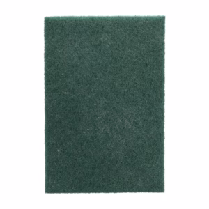 Green abrasive scrubbing pad with a rough surface on a white background