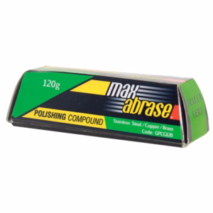 Polishing compound bar in green and black packaging labeled 'max abrase' with 120g and 'Stainless Steel / Copper / Brass' notes (GPCG120)