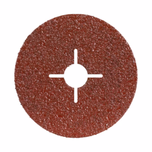 Red round abrasive grinding disc with a central mounting hole for tool attachment the surface textured with abrasive grit