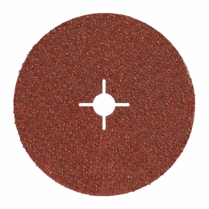 Red/brown abrasive grinding disc with a central hole for mounting on a grinder.