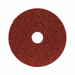 Red abrasive grinding disc with a central hole, used for grinding and polishing surfaces.