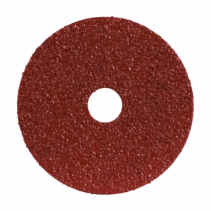Red abrasive grinding wheel with a central hole, textured surface for material removal