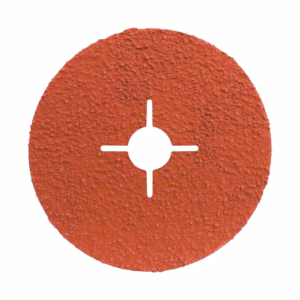 Red circular abrasive disc with a central mounting hole and four small cutouts forming a cross, used for grinding or sanding.