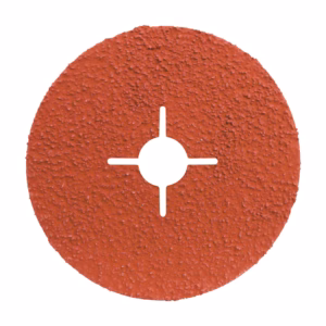Red circular abrasive grinding disc with a central hole and four radial cuts.