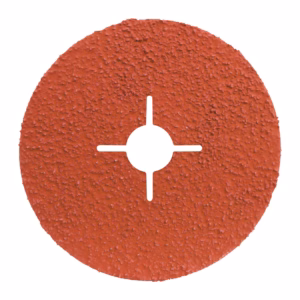 Red circular abrasive grinding disc with a central bore and four evenly spaced cutouts forming a cross shape