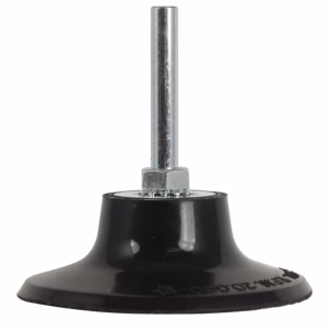Black caster wheel with a vertical metal threaded stem and round base, used to attach wheels to furniture or equipment