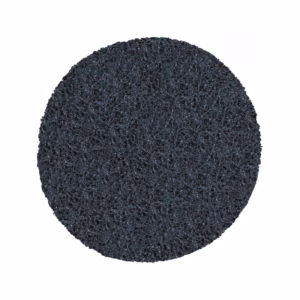 Circular black abrasive scrubber pad with a rough porous surface, viewed head-on for cleaning tasks.