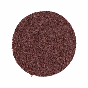 Brown circular abrasive scrubbing pad with a rough textured surface.