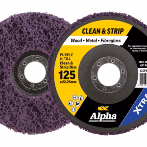 Purple abrasive grinding/stripping disc with yellow and black label reading 'CLEAN & STRIP' for wood, metal, fibreglass; Alpha brand, 125 x 22.23 mm, on a white background.