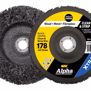 Yellow-and-black Alpha Clean & Strip Disc for grinding and stripping; 178 x 22.23 mm, for wood, metal, and fiberglass surfaces (Made in Canada).