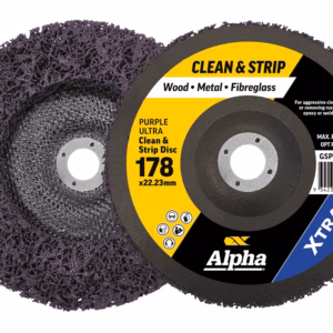 Alpha Clean & Strip disc for wood, metal and fiberglass; size 178 mm x 22.23 mm, yellow-labeled surface showing logo.