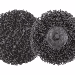 Two black abrasive scouring wheels with central hub used for surface finishing or deburring.