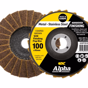 Flap disc for metal finishing with yellow/black label showing 'Alpha' and '100 x 16 mm' size, nonwoven finishing disc on brown abrasive segments