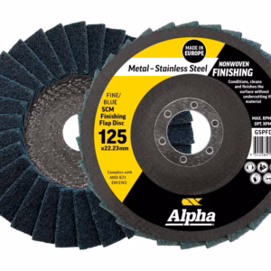 Finishing flap disc for metalwork with Alpha branding, labeled 125 x 22.23 mm (blue/finishing) and nonwoven abrasive layers.