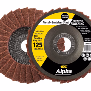 A metal finishing flap disc with brown abrasive flaps and a yellow/black label showing 125 x 22.23 mm, Alpha brand (Made in Europe)